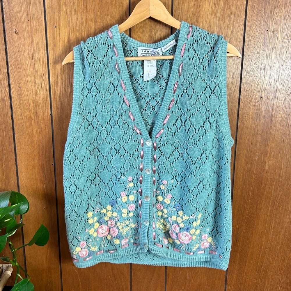Vintage Jantzen Classics Vest Cardigan Blue‎ Floral Embroidered Button Front L G